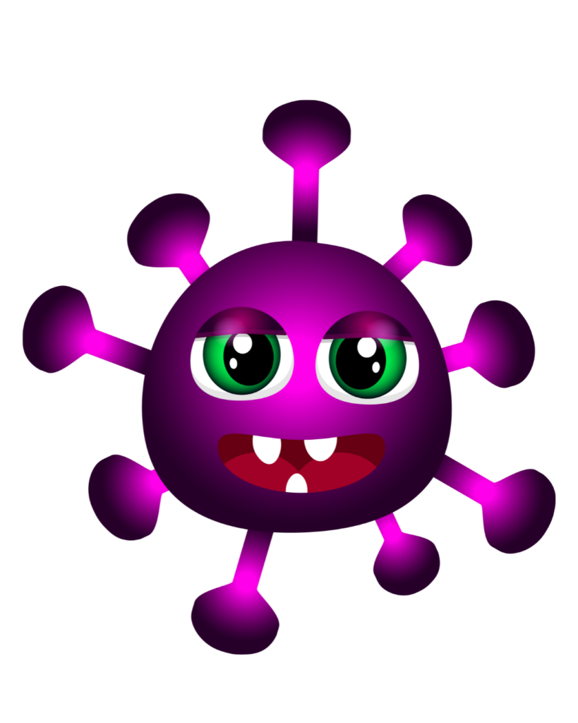 purple cartoon of covid-19 virus image sourced from Canva