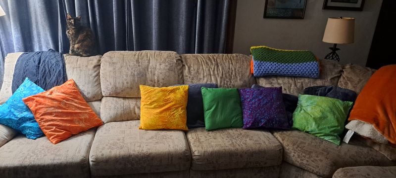 brown couch with yellow, green, purple, light blue, dark blue and light blue pillows